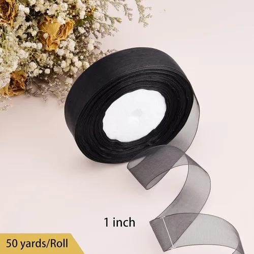Vista 3 de Hapeper Cinta de gasa de organza transparente de 1 pulgada, 50 yardas/rollo (negro)