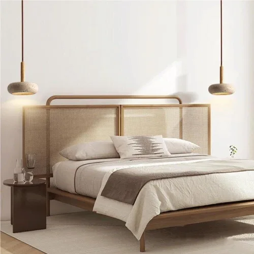 Vista 3 de Lámpara colgante japonesa Wabi-Sabi 3000K luz cálida LED lámpara colgante vintage amarillo travertino lámpara colgante con detalles de madera