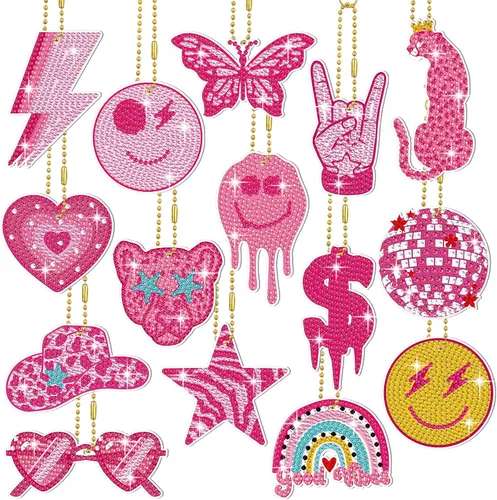 Vista 7 de Siifert 15 llaveros de arte de diamantes con lazo rosa, regalos de fiesta de coqueta, lazo rosa 5D, adornos colgantes de Navidad, kit de llaveros