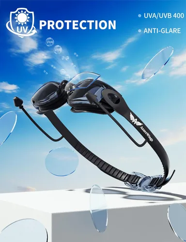 Vista 4 de Gafas de natación 7 en 1 + gorro de natación para hombres y mujeres, sin fugas, antivaho y UV, lente de PC con espejo HD de visión amplia