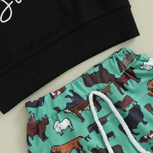 Vista 6 de Conjunto de 2 piezas de sudadera con cuello redondo y estampado de vaca para bebé niño y niña, conjunto de ropa de otoño e invierno