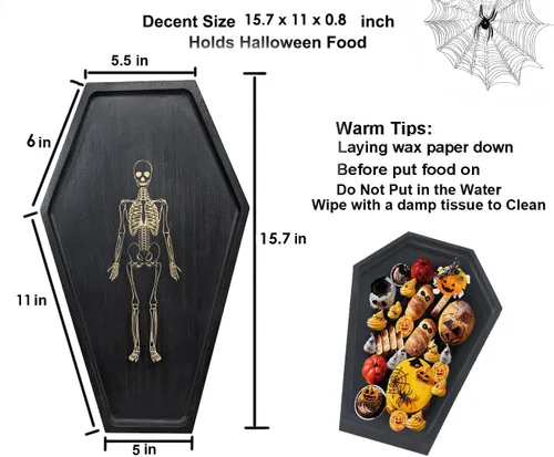 Vista 3 de Tablas de madera maciza de 15.7 pulgadas con grabado de esqueleto, bandeja para servir Halloween, tabla de queso gótico para alimentos, frutas