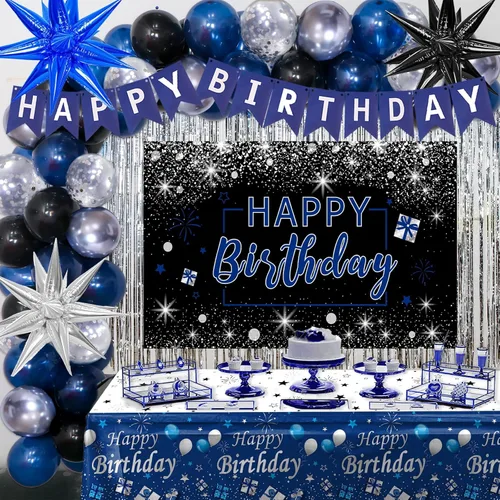 Vista 8 de Decoraciones de cumpleaños azules para hombres, decoraciones de feliz cumpleaños para hombres, mujeres, niños, decoración de fiesta, telón de fondo