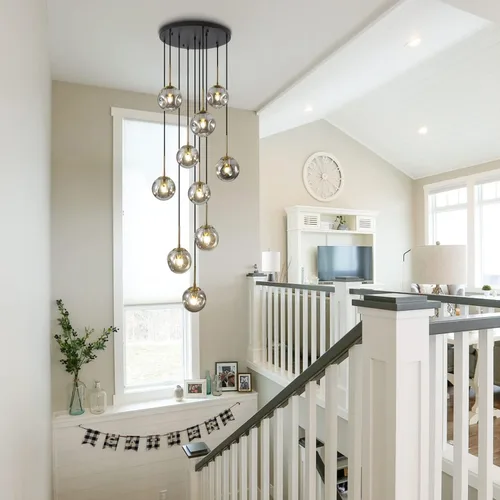 Vista 4 de BOKT Lámpara colgante vintage en racimo negro dorado 10 luces globo de vidrio escalera lámpara gris ahumado moderno gran lámpara colgante ajustable