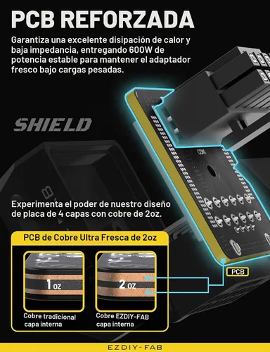 Vista 6 de EZDIY-FAB Adaptador PCIe 5.1 – 600 W 12+4 pines, conector de alimentación GPU de 16 pines 12VHPWR, adaptador de GPU de 12 V-2x6, ángulo recto de 90