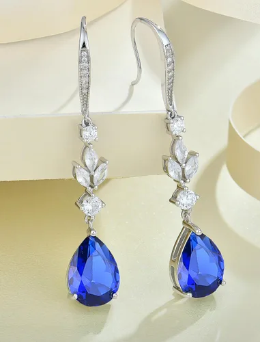 Vista 4 de Aretes colgantes de lágrima grande de boda con piedras natales de 0.394 x 0.551 in, aretes largos de plata de ley para mujer, regalos de joyería