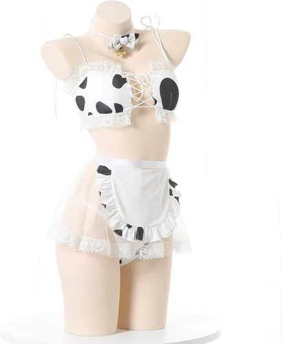 Vista 6 de SINROYEE Bikini sexy de vaca para mujer, traje de Lolita Maid, brasier y calzón kawaii, lencería de anime japonés