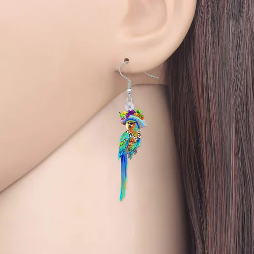 Vista 2 de LONYOO Aretes acrílicos de pájaro loro guacamayo, joyería de verano, colgante, guacamayo escarlata, regalos para mujeres y niñas