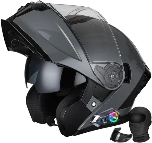 Vista 9 de Casco modular de motocicleta Bluetooth aprobado por DOT, abatible de cara completa con doble visera antivaho integrada, forro extraíble lavable
