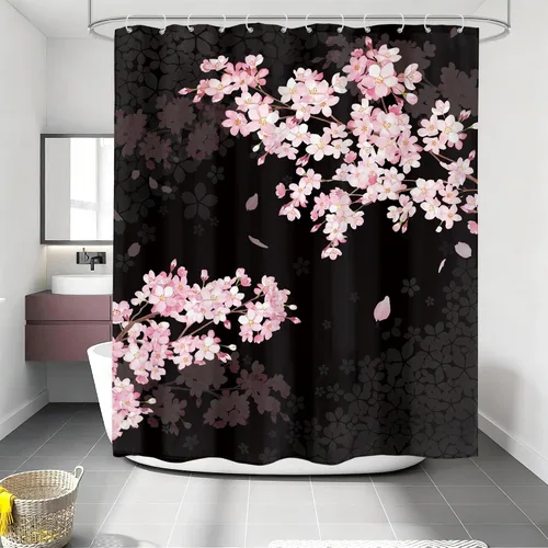 Vista 14 de Cortina de ducha floral gris y rosa de 72x72 pulgadas, flores de cerezo en rosa polvoriento y flores llorosas en primavera, tela impermeable
