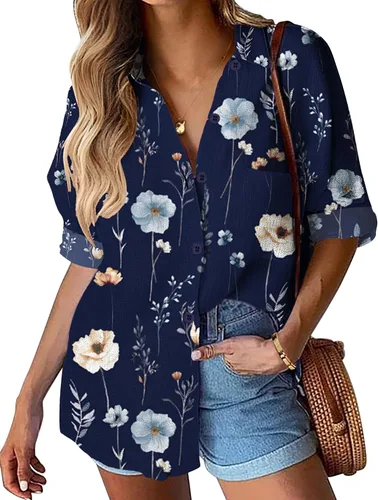 Vista 10 de HOTOUCH Camisa de manga larga con botones de lino para mujer, blusa de algodón casual, holgada, con cuello, para trabajo, de gasa, con bolsillo