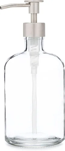 Vista 8 de Rail19 Dispensador de jabón de vidrio reciclado transparente con bomba de metal, loción, jabón líquido y aceite esencial para cocina y baño, 13.5