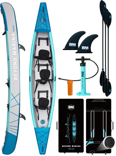Vista 8 de BEYOND MARINA - Kayak inflable para 1, 2 y 3 personas para adultos - Kayak de costura completa con remos de aluminio, asientos, reposapiés, bomba