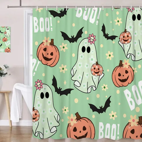 Vista 11 de Halloween Haunted Graveyard Shower Curtains, Horror Forest Shower Curtain for Bathroom, Scary Pumpkin Lantern Tombstone Skull Fabric Waterproof