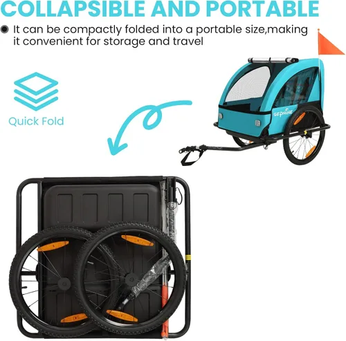 Vista 9 de Remolque de bicicleta para niños, adecuado para 1 a 2 niños, doble asiento, acoplador universal, plegable, toldo con pantalla contra insectos
