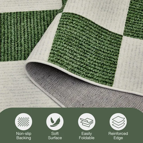 Vista 8 de Alfombra Lavable 5x7 de Cuadros, Alfombra de Área Verde y Blanca, Alfombras Grandes Boho para Sala de Estar, Alfombra de Bajo Pilo Ligera para Verde