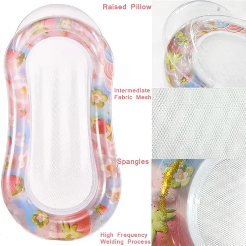 Vista 5 de Tumbona inflable para piscina con malla, hamaca de natación para adultos, diseño transparente de sandía/fresas, reposacabezas integrado, relleno
