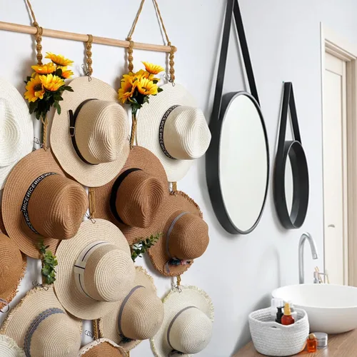 Vista 8 de Organizador de Sombreros de Macramé para Pared 15 Clips 31x53 Pulgadas Colgadores Grandes Exhibidor para Sombreros Fedora para Soporte de Sombreros
