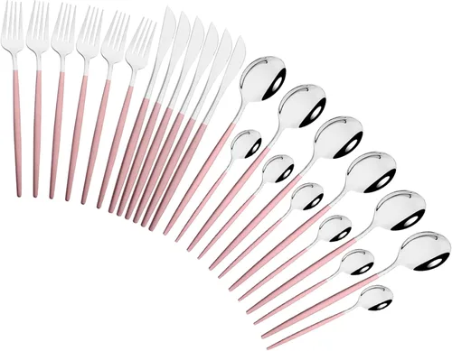 Vista 9 de Juego de cubiertos de 24 piezas, juego de cubiertos de acero inoxidable con espejo, cucharas, tenedores, cuchillos, diseño moderno, servicio para 6
