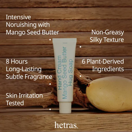 Vista 2 de hetras. Crema de manos perfumada Jabón Hug - Aroma de jabón puro y limpio Hidratante de manos perfumado sutil coreano con semilla de mango