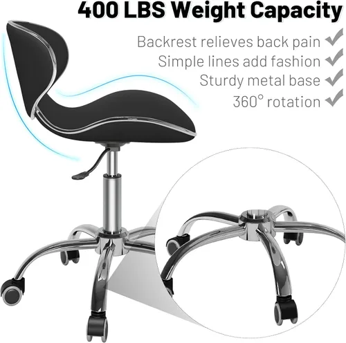 Vista 5 de SALONFACTORY Taburete con ruedas ajustable multiusos negro con respaldo Heavy Duty 400Lbs, 360 giratorio con ruedas, 5 pulgadas ajustable