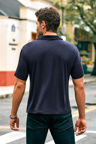 Vista 3 de Coutgo Camisas polo con cremallera para hombre, manga corta, a rayas, ajuste regular, cuello Fasion