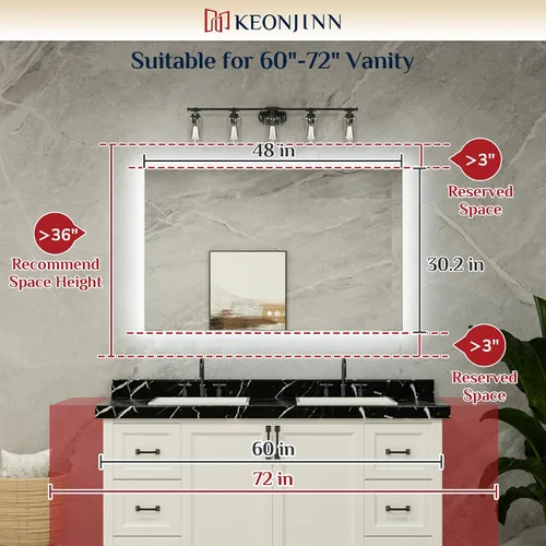 Vista 8 de Keonjinn - Espejo de 48x30 pulg retroiluminado LED para baño/tocador, luz de 3 colores ajustables blanca/cálida/natural, lúmenes altos, montaje