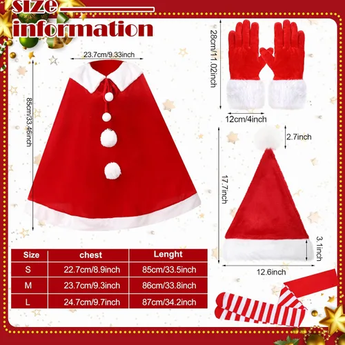 Vista 2 de Janmercy Conjunto de disfraz de Papá Noel, trajes de Navidad con vestido de terciopelocapa, medias altas hasta el muslo, guantes y sombrero de Santa