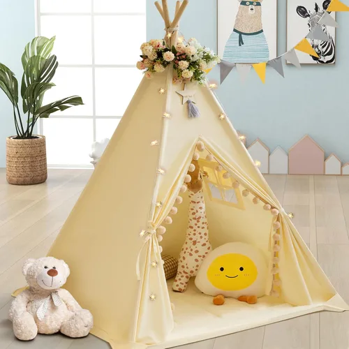 Vista 5 de WIRHAO Tienda de campaña tipi para niños con alfombrilla acolchada, lona de algodón, tipi con pompón para niños pequeños, tienda de campaña