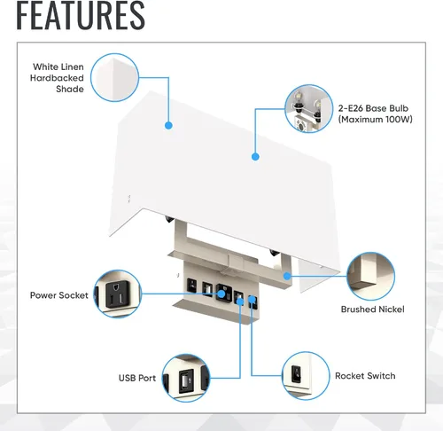 Vista 3 de LEDMyplace - Aplique de pared LED de 2 luces, apliques para sala de estar con puertos USB y tomacorriente, apliques de latón, base E26, acabado