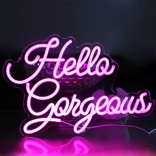 Vista 3 de Letreros de neón con texto en inglés «Hello Beautiful» con texto «Hello Beautiful», luz LED rosa para dormitorio, boda, cumpleaños, telón de fondo