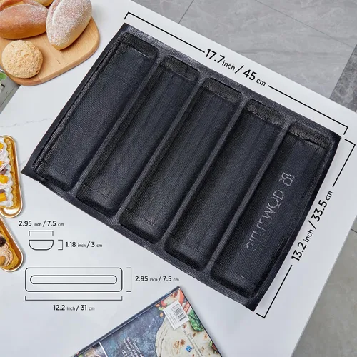 Vista 2 de SIFLEMOD Molde de silicona para baguette, bandeja antiadherente de malla flexible, forros perforados para hornear sándwiches, formas de hornear pan
