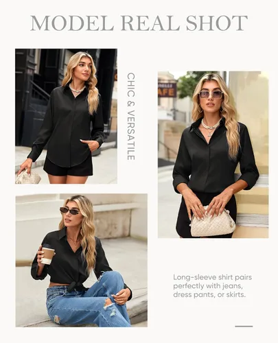 Vista 5 de siliteelon Camisas con botones para mujer: ajuste clásico, resistente a las manchas, manga larga, sin arrugas, oficina de negocios