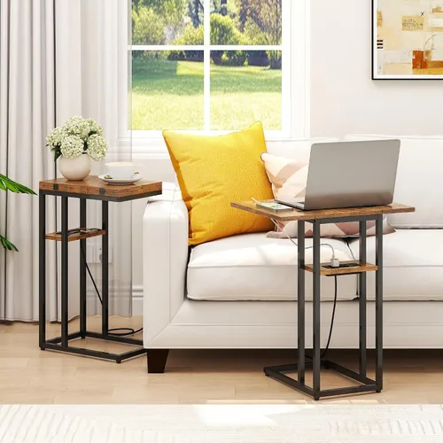 Vista 3 de karlott Mesa auxiliar plegable resistente con patas de carga de una pieza, sin montaje, mesa auxiliar en forma de C con estación de carga, mesa
