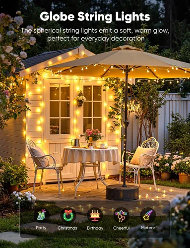 Vista 4 de Minetom Guirnalda de luces con forma de globo, 33 pies, 100 luces LED enchufables, 8 modos con control remoto, mini luces de globo para interiores