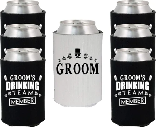 Vista 8 de Shop4Ever El miembro del equipo de bebida del novio y el novio puede enfriar ~ Enfriadores de manga para latas de cerveza para despedida de soltero