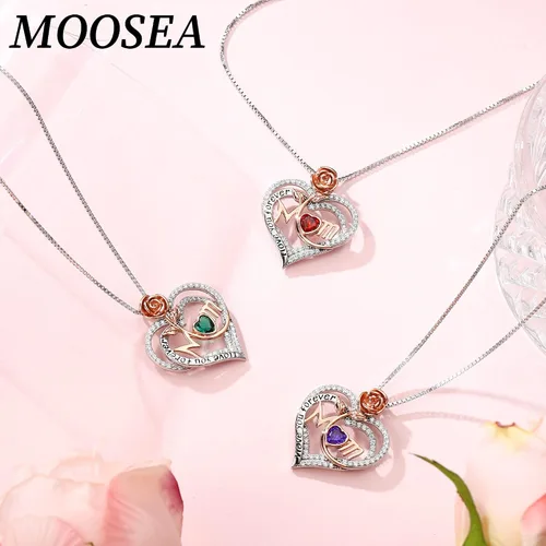 Vista 4 de MOOSEA Mom Necklace for Women, Moissanite Diamond Side Stone Rose Heart Birthstone Necklace 18K White Gold Vermeil Interlocking Heart Necklace for