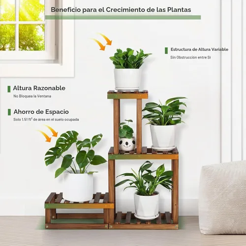 Vista 3 de Soporte de madera para plantas para interiores y exteriores, 4 niveles, estante para macetas esquineras, soporte para macetas para sala de estar