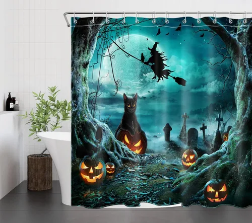 Vista 15 de LB Cortina de ducha espeluznante de Halloween, árbol muerto espeluznante con tela de araña de murciélago, cortina de ducha de baño con temática