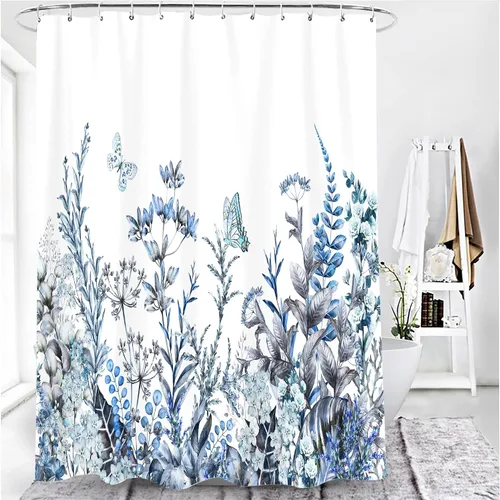 Vista 5 de Cortina de ducha floral, juego de cortina de ducha con flores azules, cortinas de ducha botánicas de flores silvestres para baño, tela impermeable