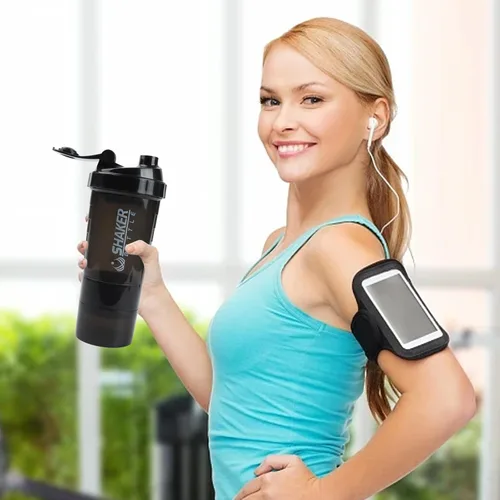 Vista 6 de Botella agitadora - Taza agitadora de proteínas con compartimentos de almacenamiento - Botellas de batido para entrenamiento a prueba de fugas