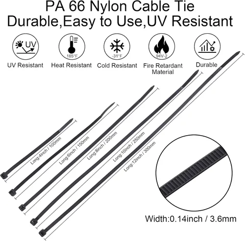 Vista 4 de DTOL Bridas para cables de varios tamaños, 4+6+8+10+12 pulgadas, bridas de plástico resistentes a los rayos UV, surtido de bridas pequeñas para atar
