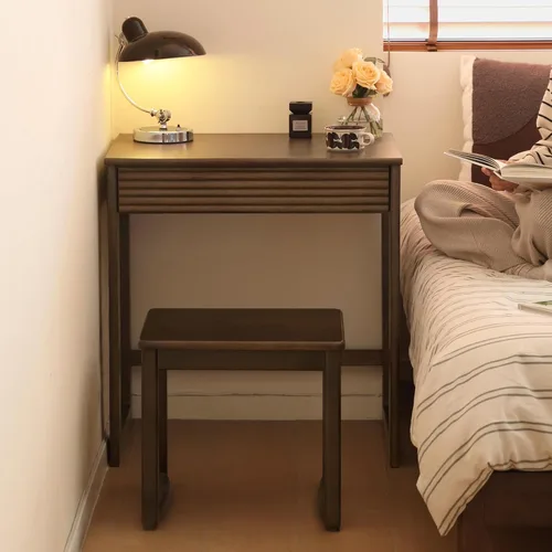 Vista 6 de Escritorio de madera maciza con acabado de nogal, escritorio pequeño para oficina en casa, escritorio de computadora para espacios pequeños