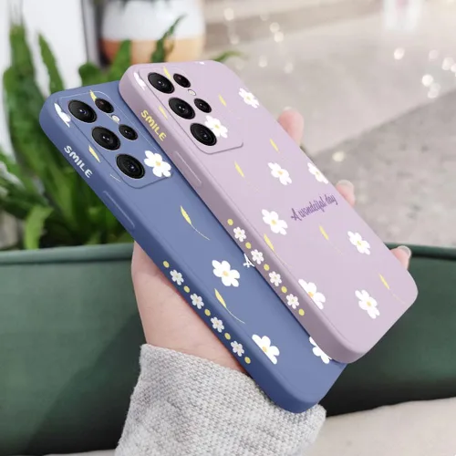 Vista 5 de Funda compatible con Galaxy S21 Ultra con bonito patrón de margaritas, protección de lente de cámara, a prueba de golpes, TPU parachoques de Negro