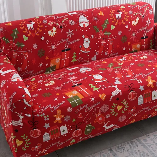 Vista 2 de Mybedsoul Funda de sofá elástica con estampado navideño de Papá Noel, lavable a máquina, temática navideña, color rojo, para sala de estar