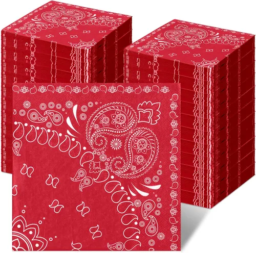 Vista 8 de Teling Servilletas tipo bandana de 2 capas desechables con estampado de cachemira a granel para fiesta temática de vaquero occidental
