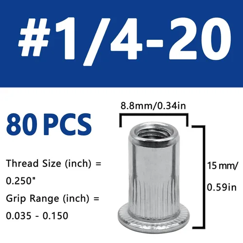 Vista 2 de Tuerca de remache de 1/4”-20 UNC, 80 piezas de acero inoxidable 304 de cabeza plana Rivnut, inserto roscado Nutsert