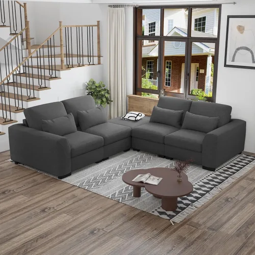 Vista 5 de Moderno sofá de lino en forma de L de 130 pulgadas, sofá modular de 4 asientos con 4 almohadas, otomanas de almacenamiento, sofá cama convertible