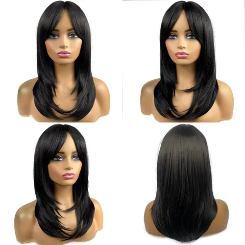 Vista 5 de Pelucas largas negras para mujer, pelucas negras con flequillo, peluca sintética de longitud al hombro en capas para fiestas diarias (20 pulgadas)