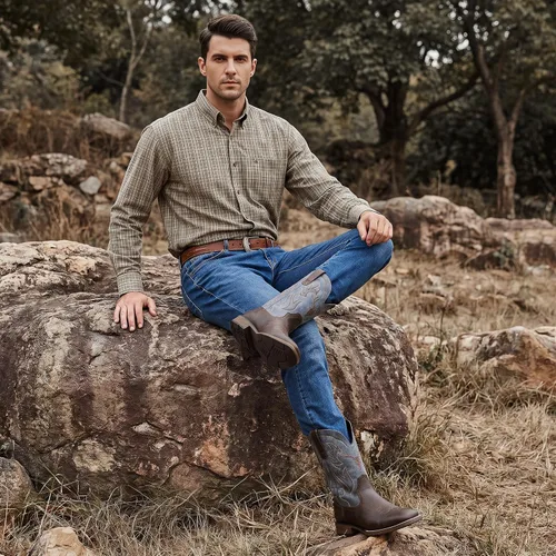 Vista 3 de Cowboy Boots for Men Square Toe Western Boots Retro Classic Embroidered Pull On Boot Azul-marrón bruñido
